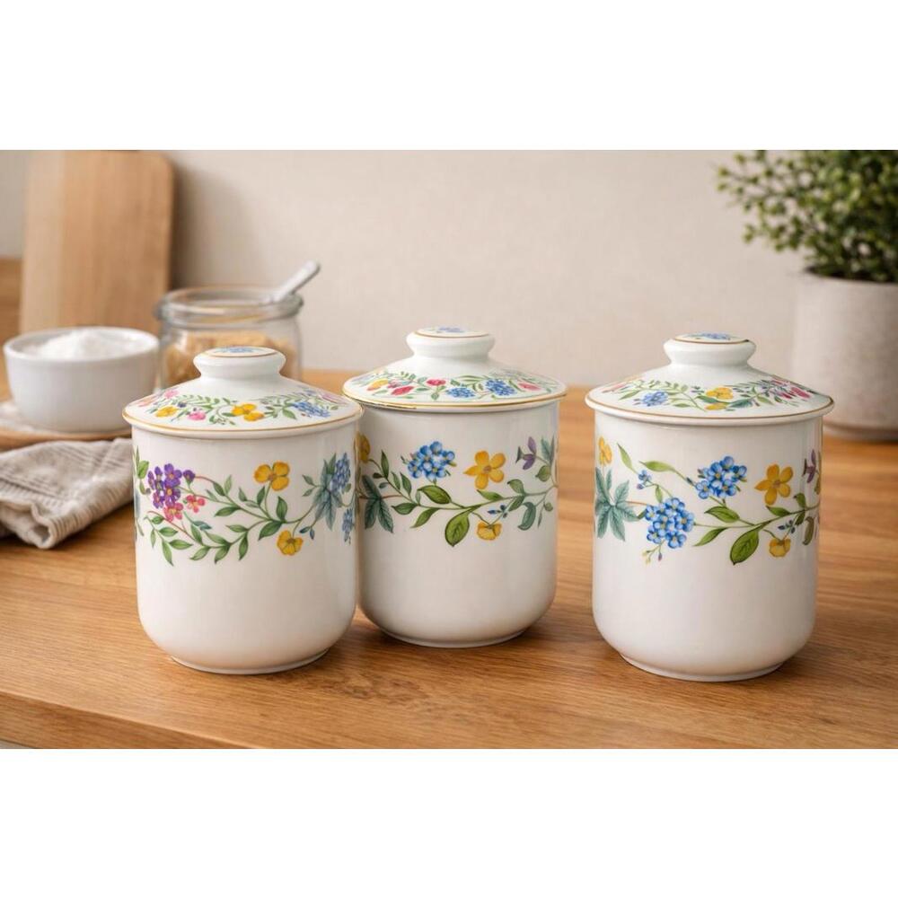 Royal Worcester England 1990s Arcadia Porcelain Canisters Set of 3, 5x6.5”